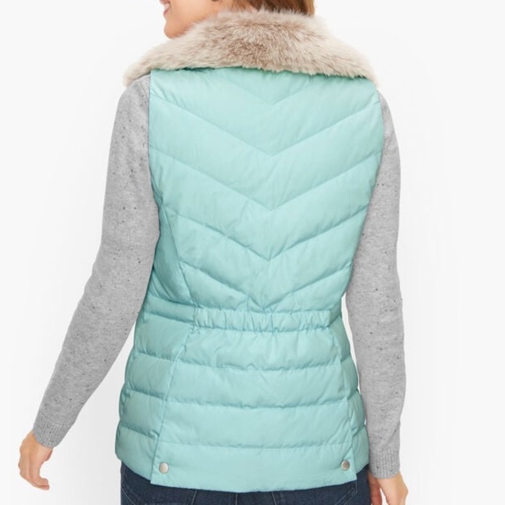 Talbots Light Aqua Puffer Vest with Faux Fur Collar